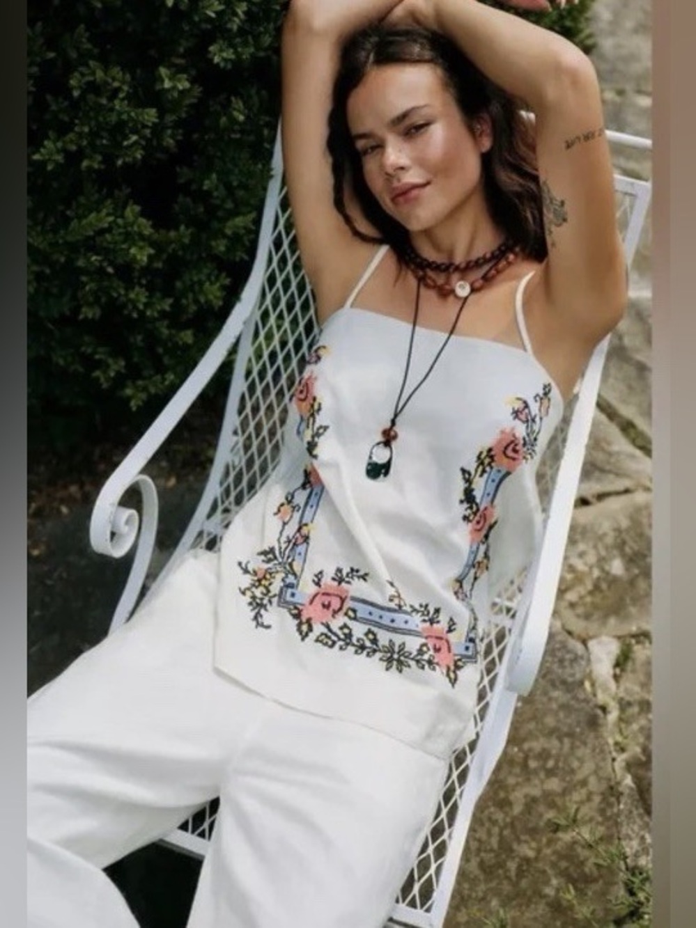 Free People White Linen Embroidered Tunic Tank and Pants Set
